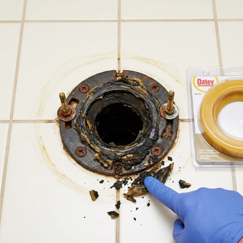 Failed wax ring showing water seepage at the base of a toilet in a Toa Baja, PR home