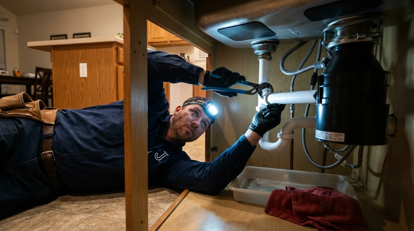 P-trap and supply line connections under a kitchen sink showing a common leak point in Toa Baja, PR